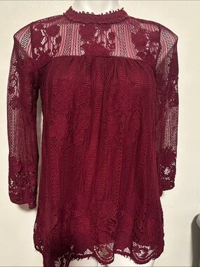 Miss Chievous Burgundy Lace High-Neck Blouse